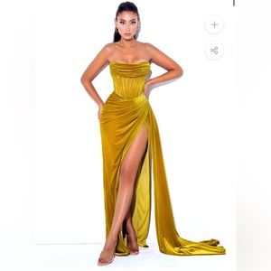 Miss circle Priya Gold Draping Corset High Slit Velvet Gown